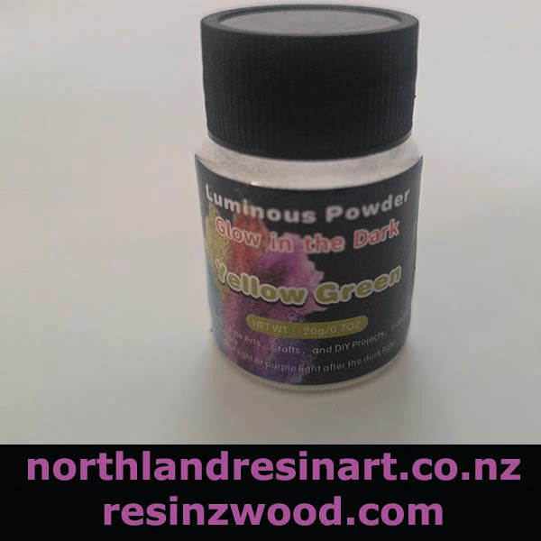 Bottle of Luminous Powder Glow in the Dark Yellow Green on a white background with branding text.