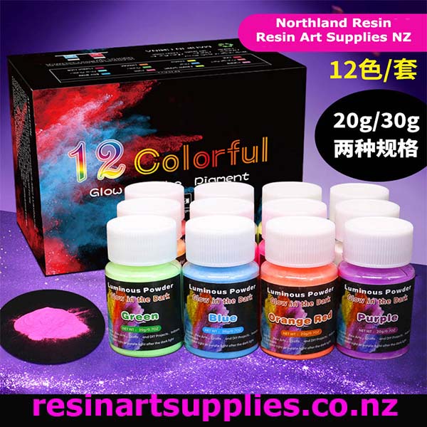 Set of colorful resin pigments with packaging labeled '12 Colorful Glow' on a purple background.