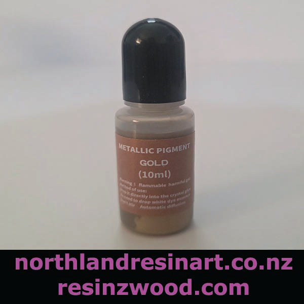 Bottle of metallic pigment gold on a white background with branding text.