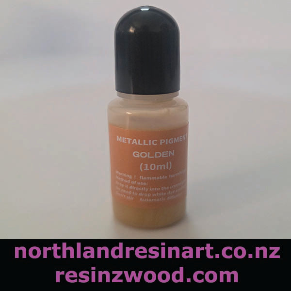 Bottle of metallic pigment with a black cap on a white background, featuring the website 'northlandresinart.co.