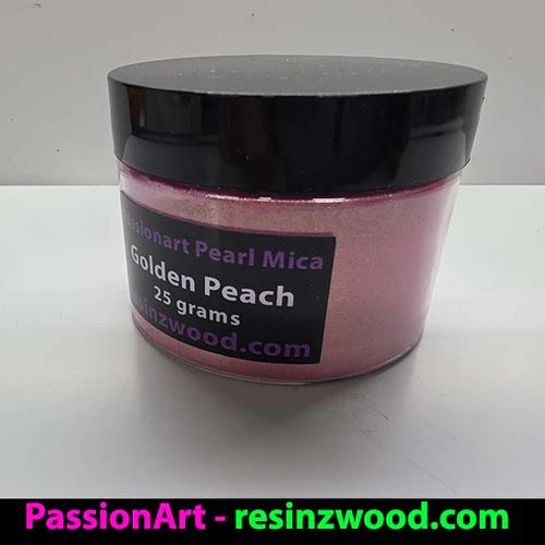 Jar of Golden Peach pearl mica powder with black lid on a white background. Passionart brand of mica powder