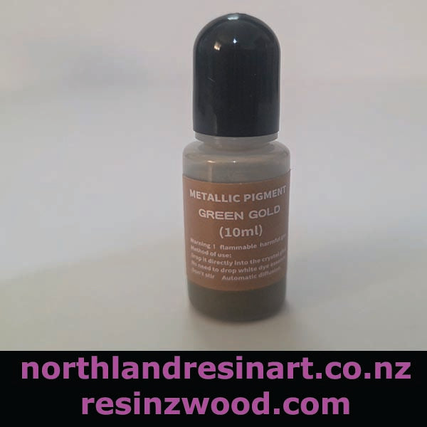 Bottle of metallic pigment labeled 'Green Gold' on a white background with branding text at the bottom.