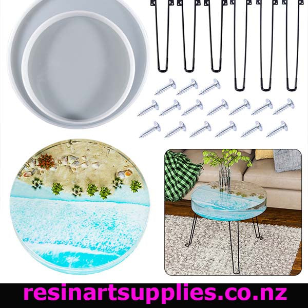 Collage of resin mold, nails, and a completed resin table with beach design.