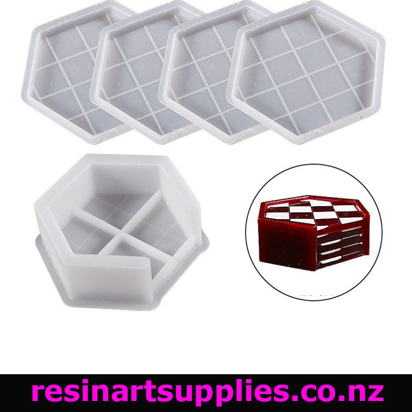 Hexagonal silicone mold with a close-up of a resin product on a white background, branded 'resinartsupplies.co.nz'.