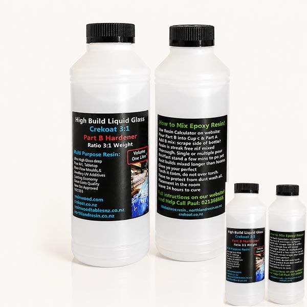 Four white plastic bottles of Crecoat liquid glass and epoxy resin mix with black caps, shown on a clean white background. The bottles feature black, green, and blue labels with text and diagrams.