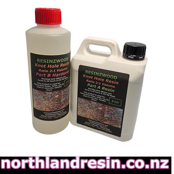 Two bottles of Resinzwood knot hole resin with labels on a white background.