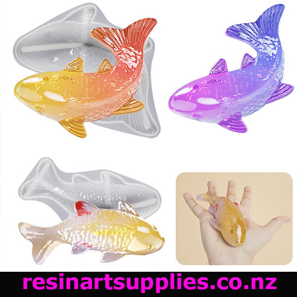 Colorful fish-shaped resin molds with a hand holding one mold inset, branded 'resinartsupplies.co.nz'.
