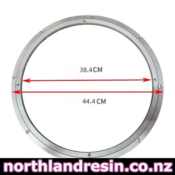 A circular metallic ring or frame shown on a white background with red arrows and text indicating dimensions 38.4 cm and 44.