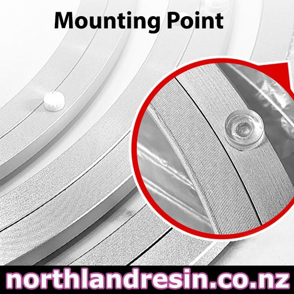 Close-up of a silver metallic mounting point with a clear circular fastener, shown with text reading 'Mounting Point' and a website watermark 'northlandresin.co.
