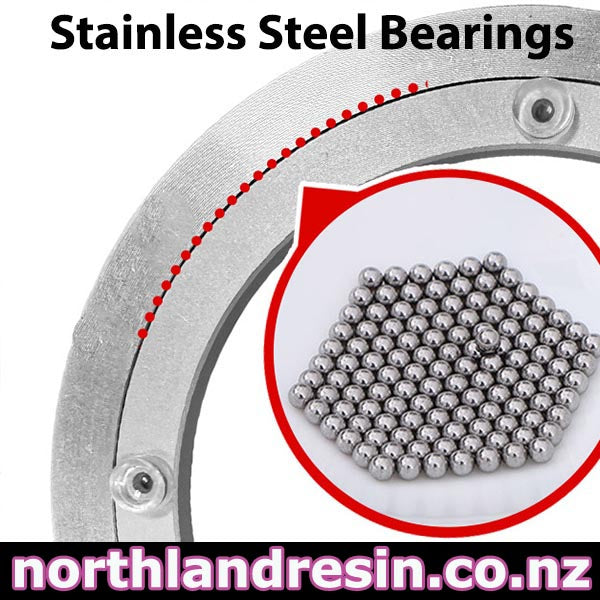 Stainless steel bearings shown inside a circular metal component, with a red inset circle highlighting a cluster of small silver ball bearings. Text at the top reads 'Stainless Steel Bearings' and a website banner at the bottom reads 'northlandresin.