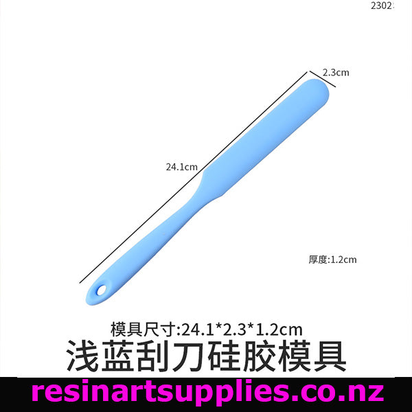 Blue spatula with measurements on a white background, featuring resinartsupplies.co.nz branding.