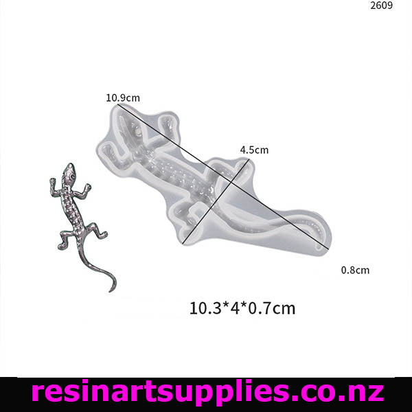 Lizard-shaped silicone mold with dimensions on a white background, featuring 'resinartsupplies.co.nz' branding.