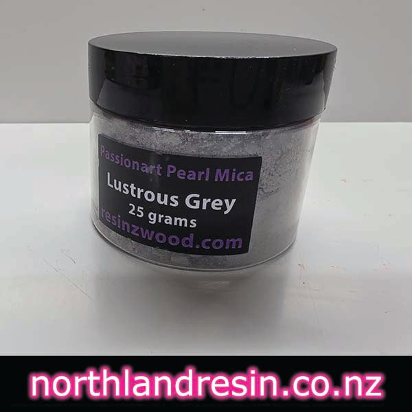 Jar of Lustrous Grey Pearl Mica with a label on a white background