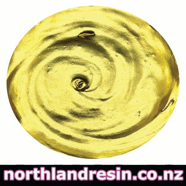 MOLTEN-LUXE-GOLD resin paste with circular object with concentric swirl patterns on a white background, featuring 'northlandresin.co.nz' text.