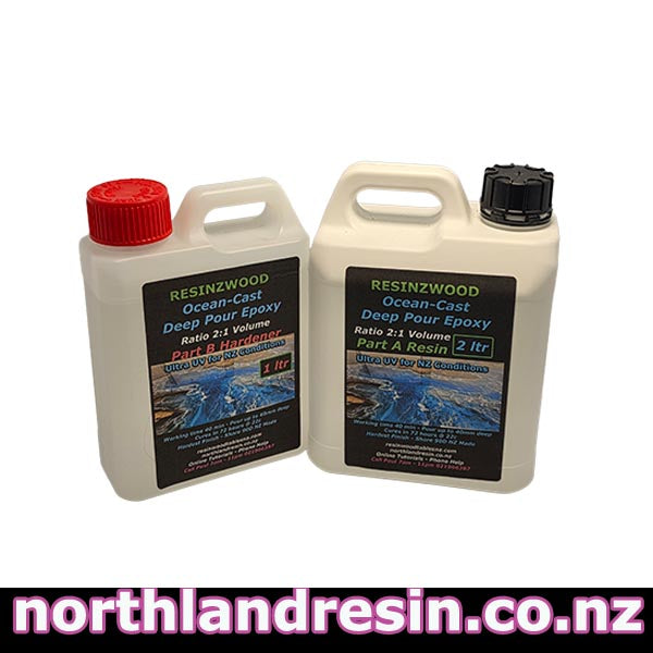 Two bottles of Restinzwood Ocean-Cast Deep Pour Epoxy resin on a white background with 'northlandresin.co.nz' text.