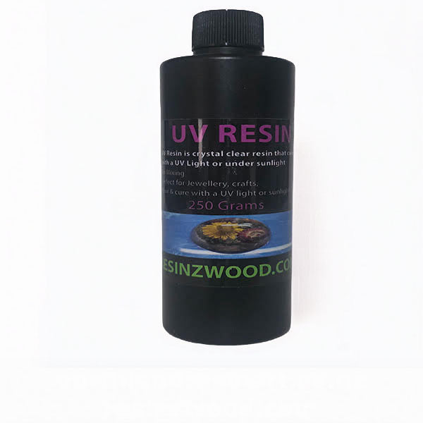 A 250 grams bottle of UV Resin by Resinzwood, featuring a black plastic container with a black cap and a label displaying purple and blue text.