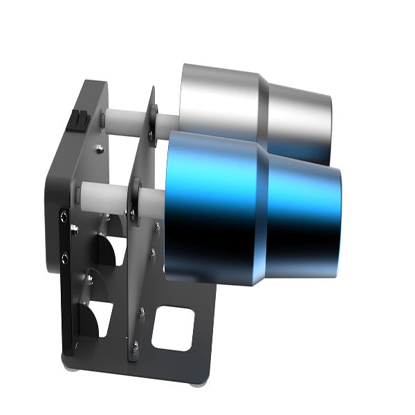 A 3D render of a Cup Turner-Double, featuring two metallic cylindrical driver units (one silver, one blue-to-black gradient) mounted on a black metal chassis with white internal rods, set against a plain white background.