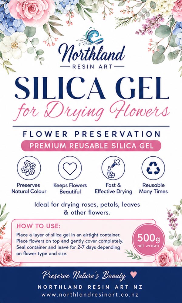 A floral product label for Northland Resin Art Silica Gel for Drying Flowers, with pink and blue text, watercolor flowers around the border, and usage information on a white background.