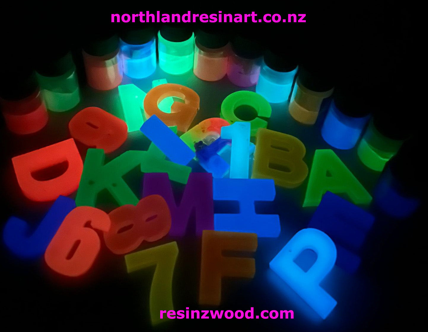 Glowing colorful letters and numbers on a dark background with 'northlandresinart.co.nz' and 'resinzwood.com' text.