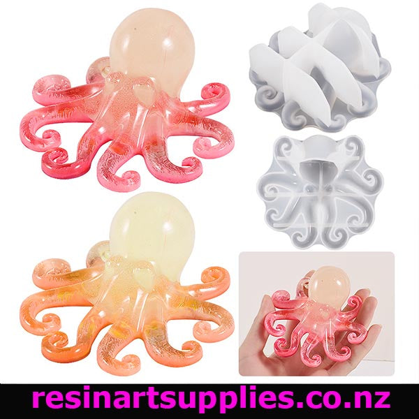 Octopus-shaped resin molds with a gradient color effect on a white background, featuring the brand 'resinartsupplies.co.nz'.