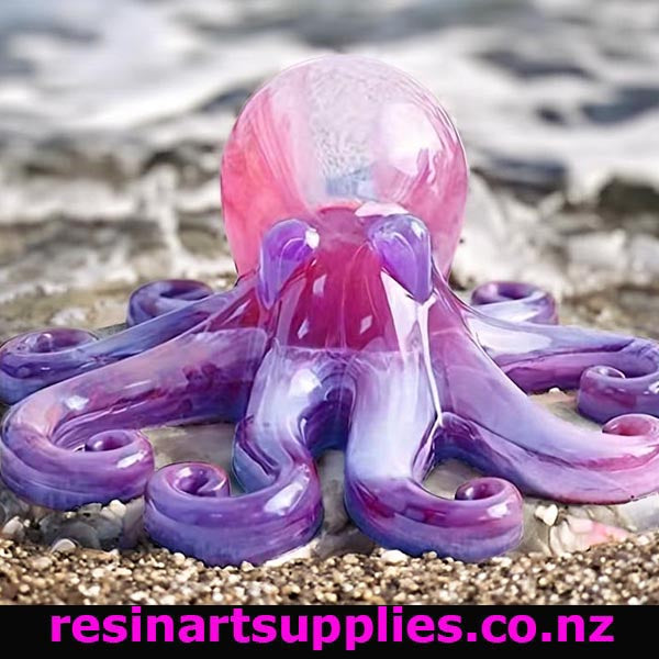 Glossy pink and purple octopus sculpture on a textured surface with 'resinartsupplies.co.nz' branding.