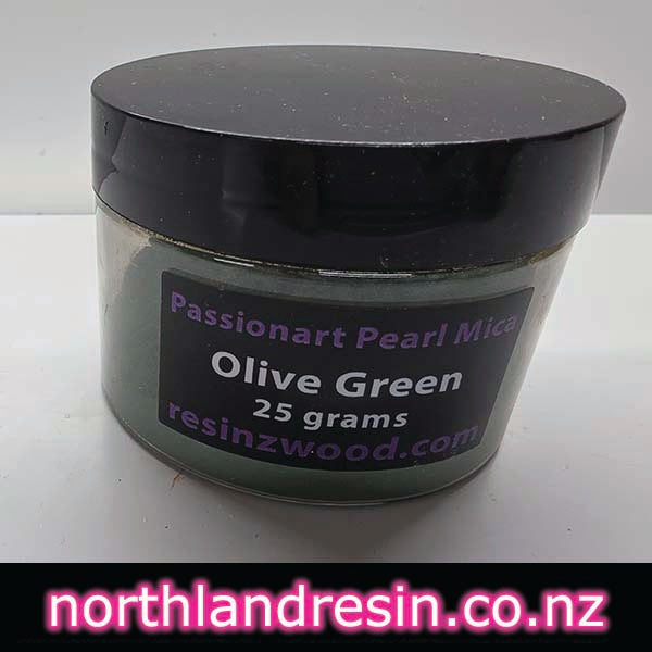 Jar of Olive Green Passionart Pearl Mica with a black lid on a white background