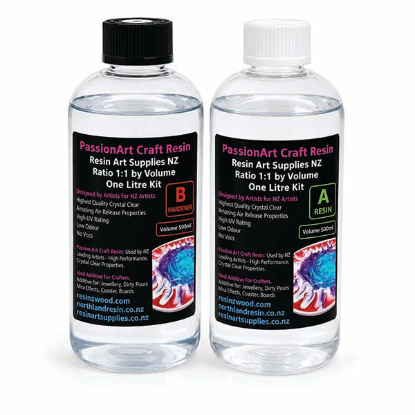 Two clear plastic bottles of PassionArt Craft Resin, one with a black cap and one with a white cap, shown side by side on a white background. Both bottles contain clear resin and feature black labels with purple text and colorful resin swirl graphics.