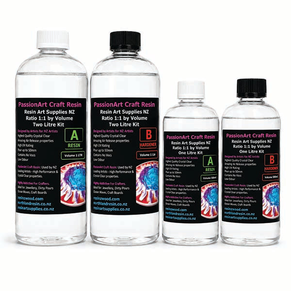 Four clear plastic bottles of PassionArt Craft Resin resin supplies, including two 1 litre kits and two 2 litre kits, arranged against a plain white background.