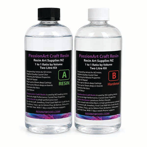 Two clear plastic bottles of PassionArtArt Craft Resin with a black cap and a white cap, showing the resin and hardener liquids inside, on a white background.