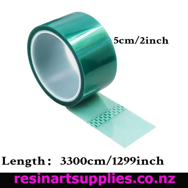 Green tape roll with specifications and a brand name on a white background