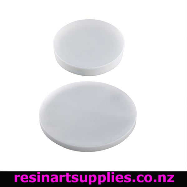 Two white round silicone moulds on a white background with 'resinartsupplies.co.nz' text.