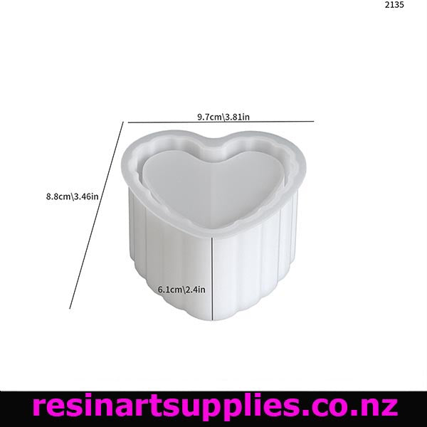 Heart-shaped mold with dimensions on a white background, featuring the brand 'resinartsupplies.co.nz'.