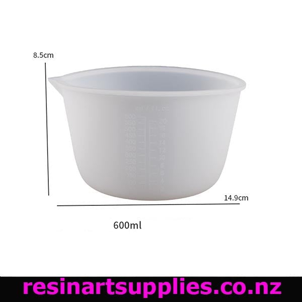 White measuring cup with dimensions and capacity on a white background, featuring the brand 'resinartsupplies.co.nz'.