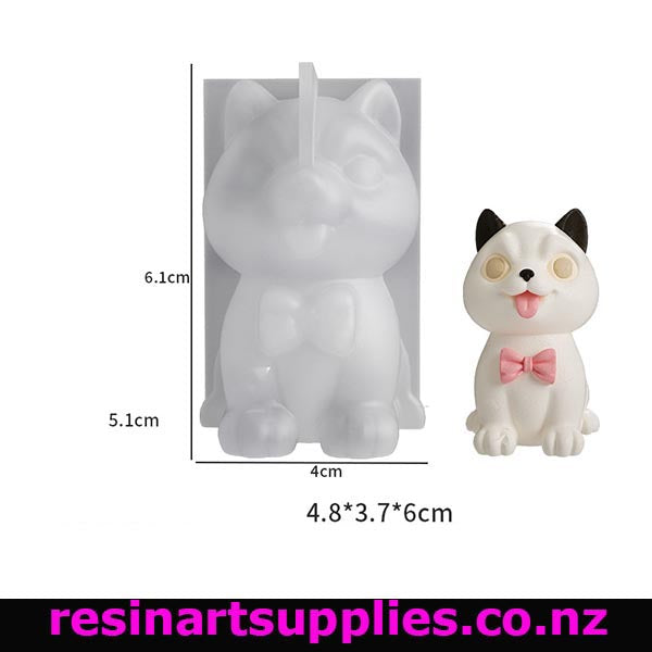 puppy-shaped silicone mold with measurements and a finished product on a white background, featuring 'resinartsupplies.co.nz'.