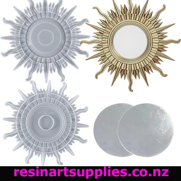 Sun-shaped mirrors in gold and silver on a white background with 'resinartsupplies.co.nz' branding.