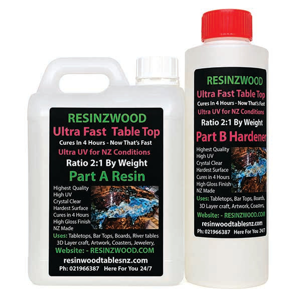 Two white plastic bottles of Northland Resin Art NZ Ultra Fast Table Top resin parts, Part A Resin and Part B Hardener, shown on a plain white background.