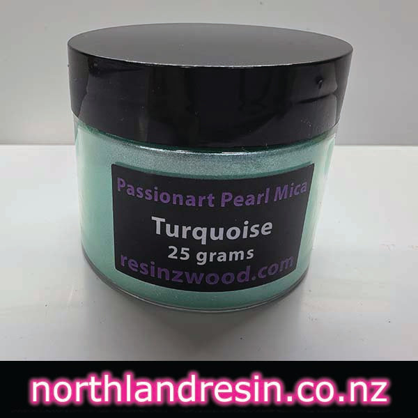 Jar of turquoise Passionart Pearl Mica on a white background with 'northlandresin.co.nz' text.