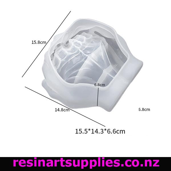 White silicone mold with measurements on a white background, featuring the brand 'resinartsupplies.co.nz'.