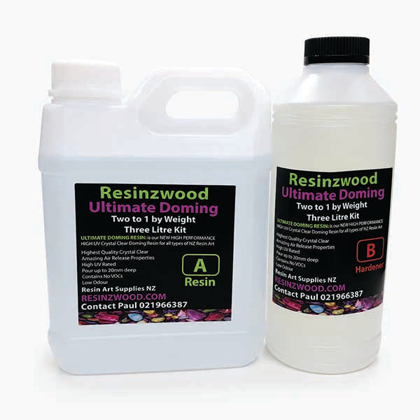 Two plastic bottles of Resin Art Supplies Ultimate Doming Two to 1 by Weight Three Litre Kit, labeled A Resin and B Hardener, on a white background.