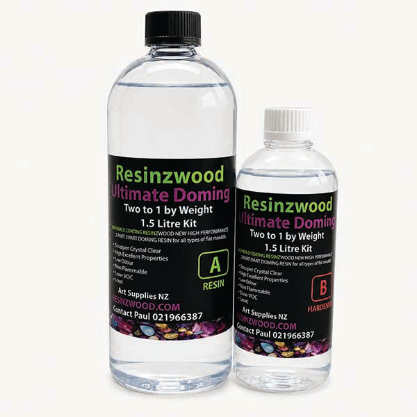 Two clear plastic bottles of Resin Art Supplies NS Ultimate Doming hardener, one 1.5 Litre kit bottle and one smaller bottle, with black labels on a light gray background.