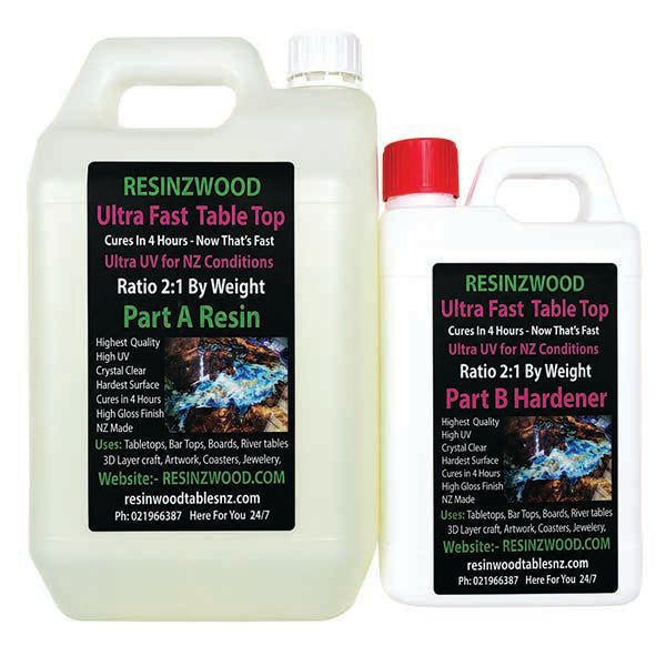 Two resin bottles for Northland Resin Art NZ Ultra Fast Table Top Part A Resin and Part B Hardener, shown on a white background. The larger Part A bottle contains a pale yellow-green resin, and the smaller Part B bottle is white with a red cap.