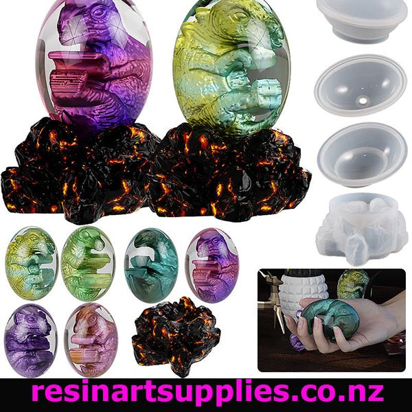 Collection of resin molds and finished resin products with 'resinartsupplies.co.nz' branding.