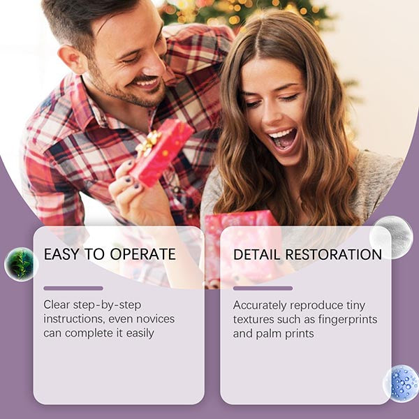 Couple opening a gift together with text about product features on a purple background