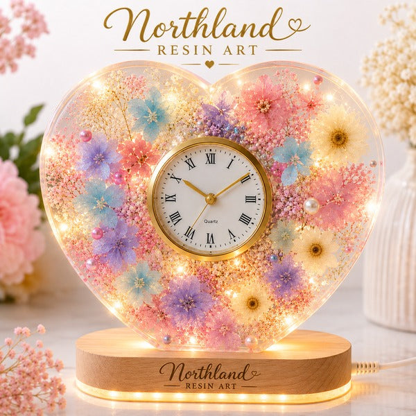 Heart shaped floral resin clock with warm LED wooden display base