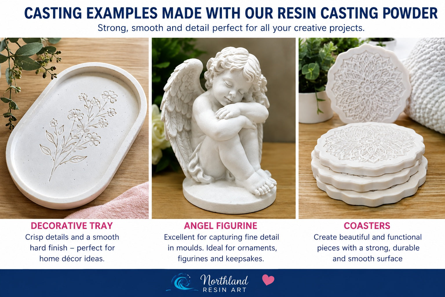 A promotional graphic showing three examples of white resin casting powder made from Northland Resin Art. The examples include a decorative oval tray with a floral design, an angel figurine, and a stack of round coasters.
