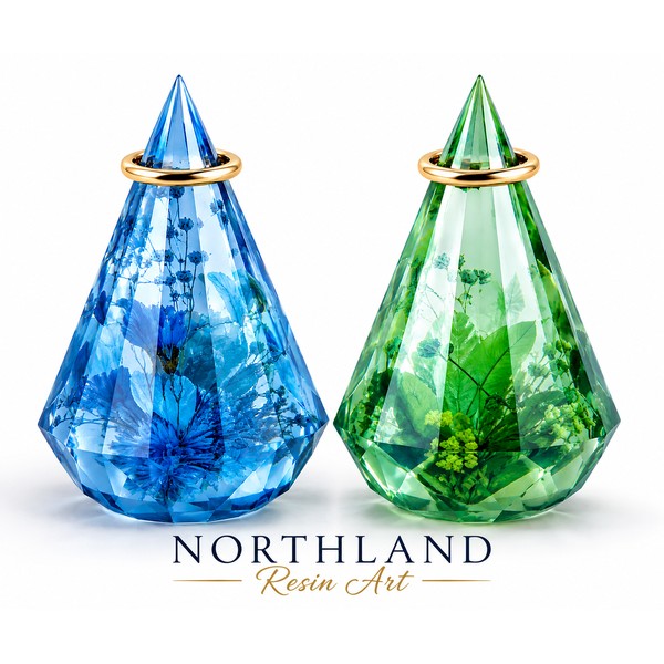 Faceted resin cone mould creating translucent blue and green crystal-style resin ornaments with gold rings