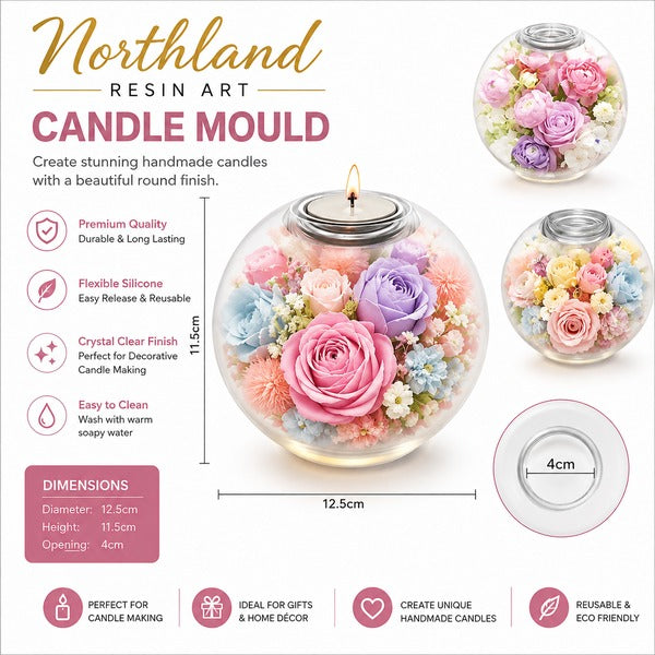 A product infographic for a Northland Resin Art Candle Mould, showing a clear resin candle filled with pink, purple, and yellow preserved flowers, along with smaller views of the same design, dimensions, and feature icons on a white background.