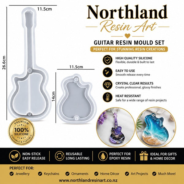 Northland Resin Art Guitar Resin Mould Set featuring two guitar-shaped silicone moulds with dimensions (11.5cm width and 14cm/26.