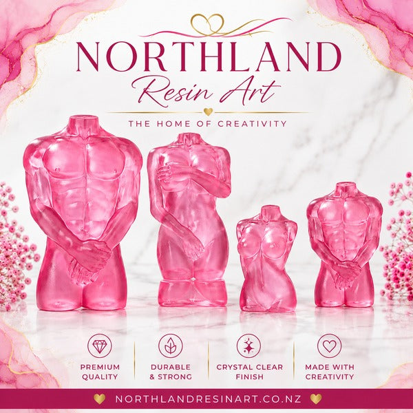 Four translucent pink resin male and female torso figurines of varying sizes displayed on a reflective surface, with 'NORTHLAND Resin Art' branding and feature icons at the bottom.