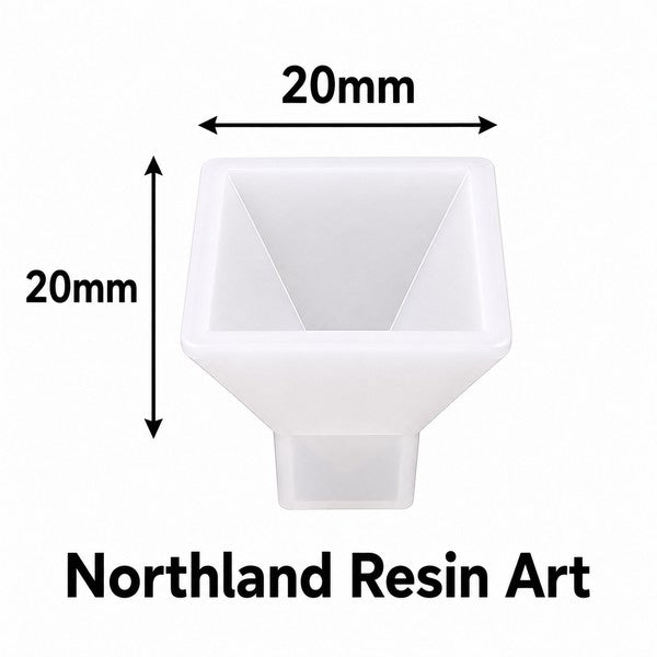 White square resin funnel with a tapered bottom, shown on a white background with black dimension arrows labeled 20mm and the text 'Northland Resin Art'.